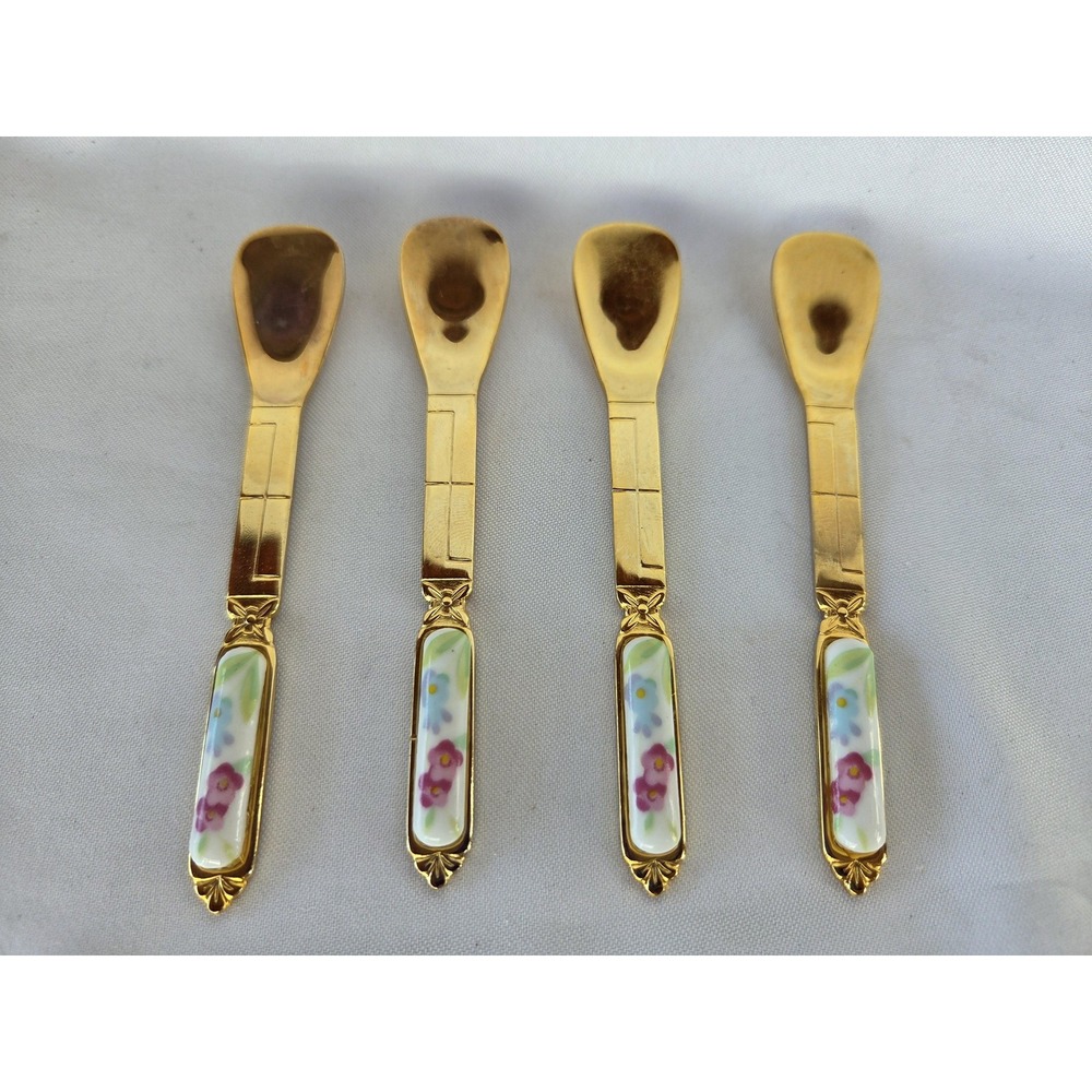 Vintage KC 18-8 Stainless Gold Tone Floral Porcelain Demitasse Spoons Set 4